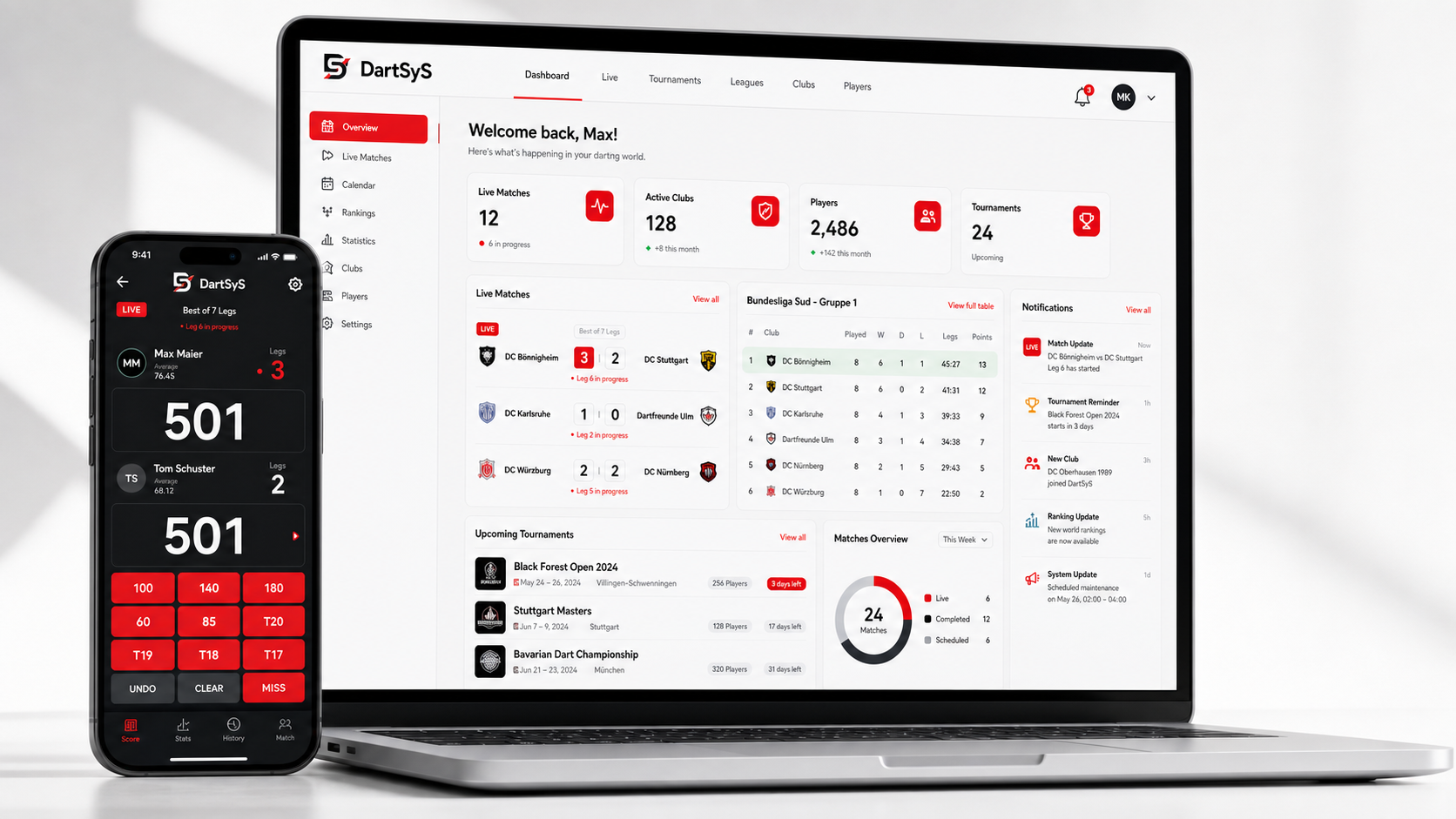DartSyS Vereinsdashboard mit Live-Spielen, Ligaübersicht und Turnieren